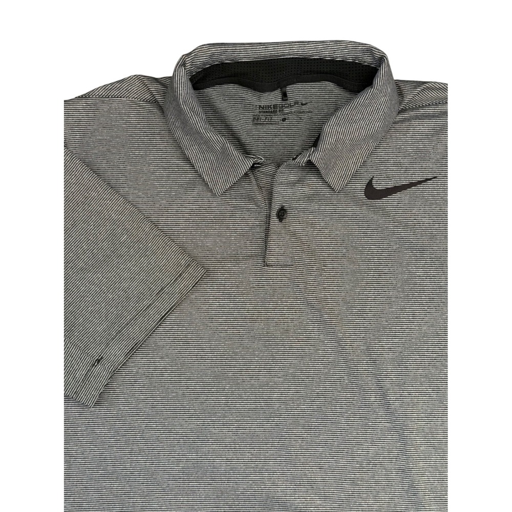 Nike Golf Polo Shirt Mens Large Grey Black Striped Dri-FIT‎ Standard Fit Vented